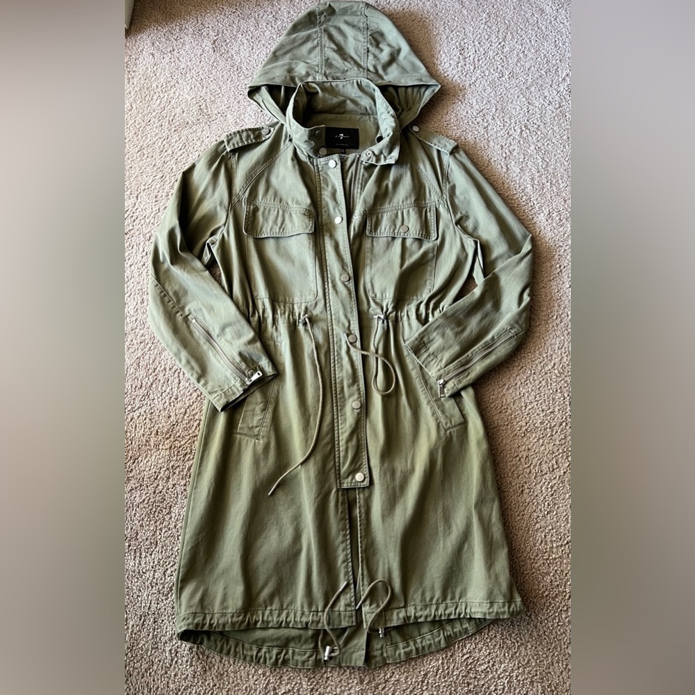 7 For All Mankind Army Green Utility Jacket Hoodie Cinch waist hem detail Sz M - Picture 9 of 11